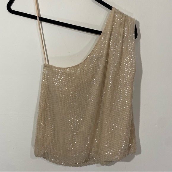 Alice + Olivia Sasha One Shoulder Sequin Neutral Cream Silk Top Small - Picture 5 of 6
